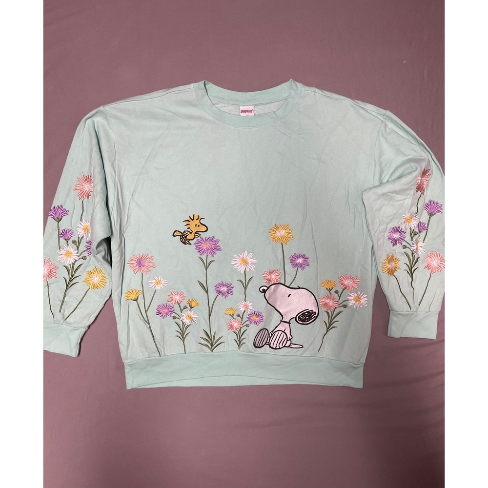 Peanuts Snoopy Woodstock Floral Embroidered Sweatshirt Mint Green XL Womens